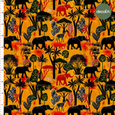 Warm and Striking Fabrics Patterned Digital Printed Fabric with African Patterns and Elephant Giraffe Silhouettes